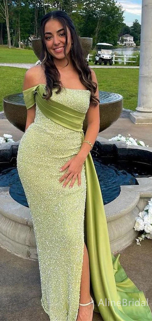 Sparkly Sequins Off-Shoulder Split Side Mermaid Long Prom Dress,Evening Dress,PD37831