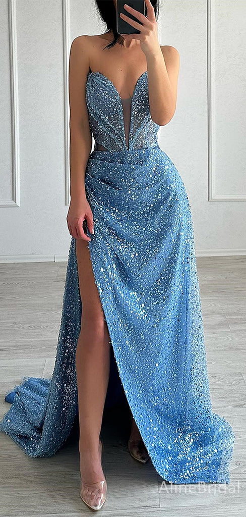 Sexy Deep V-neck Strapless Split Side A-line Long Prom Dress,PD37836