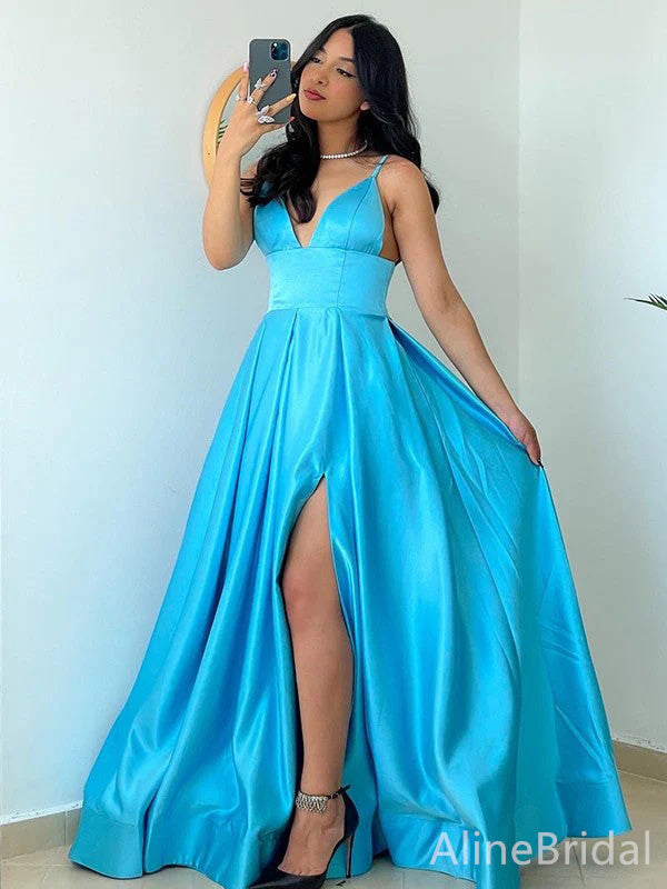 Elegant V-neck Spaghetti Strap Split Side A-line Long Prom Dress,PD37841