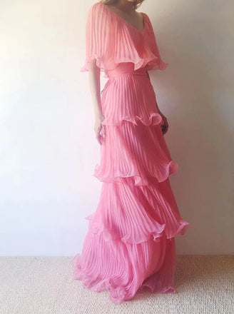 Elegant Pink Off Shoulder Sleeveless Ruffle A-line Floor Length Prom Dress, PD3669