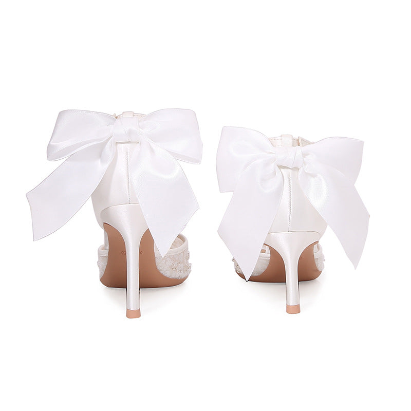 White satin high heels for women stiletto pointed toe bows hollow wedding shoes banquet sequined shoes