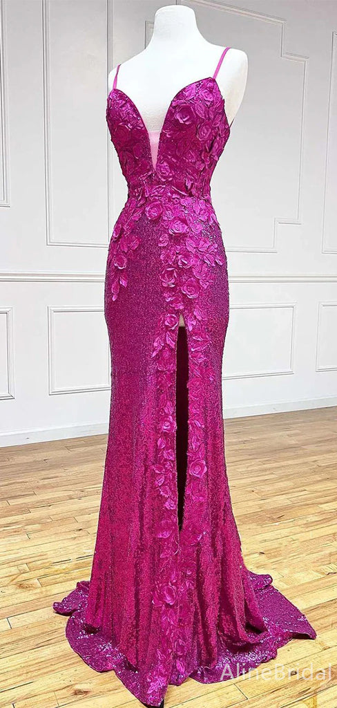 Sexy Deep V-neck Spaghetti Strap Lace Split Side Mermaid Long Prom Dress,PD37916