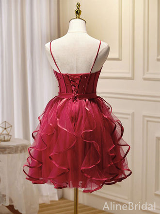 Gorgeous Red Spaghetti Strap Corset A-line Short Tiered Ruffles Homecoming Dress, HD32717