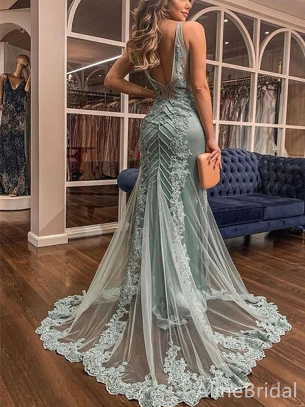 Sexy V-neck Lace Spaghetti Strap Mermaid Long Prom Dress,PD37927