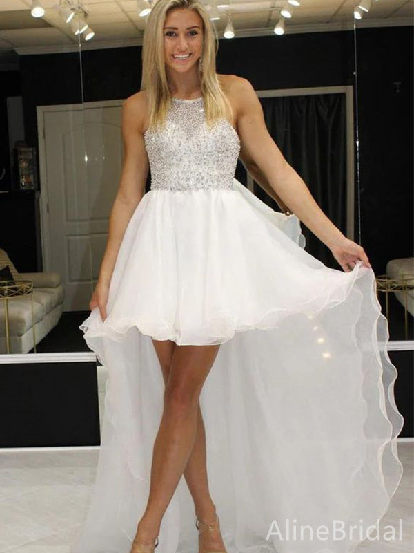 Sparkly White Beadings A-line High-Low Homecoming Dress, HD32724