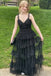 Black V-neck Sleeveless Ruffle  A-line Floor length Prom Dress, PD3717