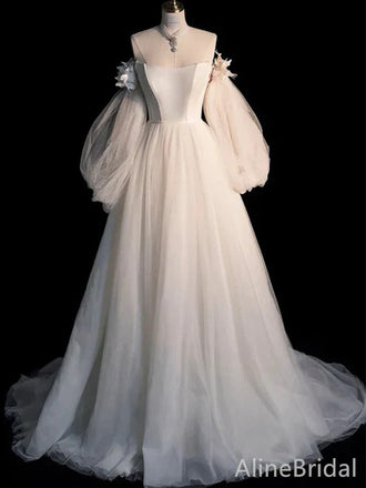Elegant Ivory Strapless A-line Long Prom Dress, Long Sleeves Evening Dress, PD37937