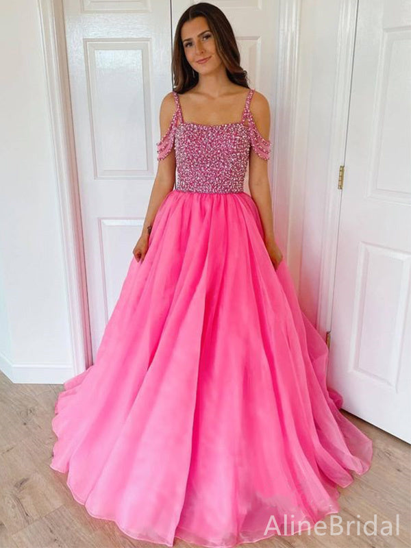 Charming Square Off-Shoulder Spaghetti Strap A-line Long Prom Dress,PD37956