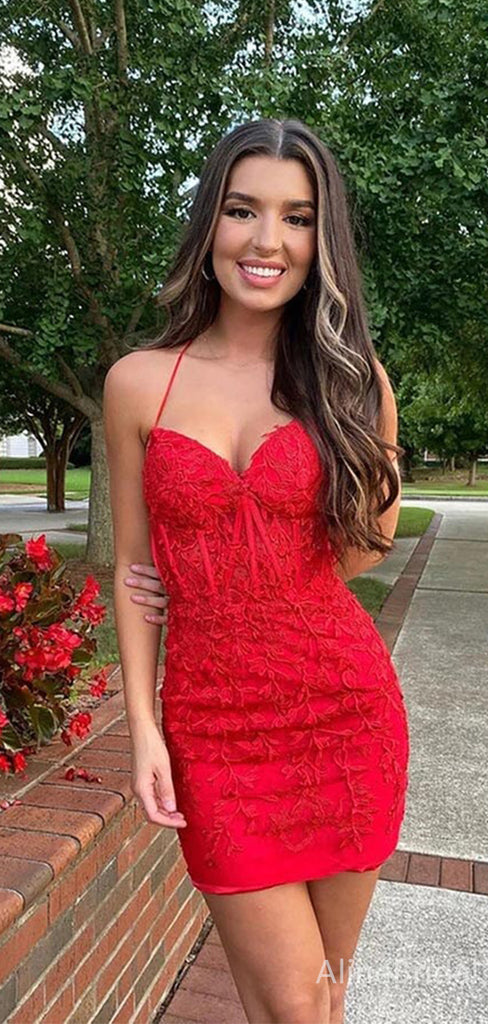 Sexy Red Lace Halter A-line Short Mini Homecoming Dress, HD3139