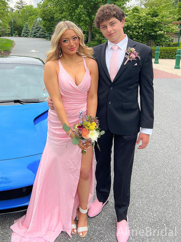 Elegant Pink V-neck Spaghetti Strap Split Side Mermaid Long Prom Dress,PD37987