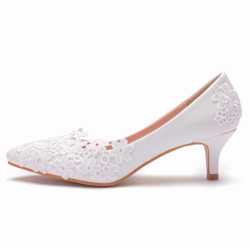 Elegant and simple lace flower wedding shoes white 5cm high-heeled bridal shoes for wedding photos, adult ceremony shoes wedding shoes