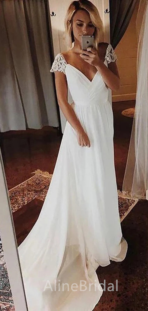 Elegant V-neck A-line Long Wedding Dresses,WD3056