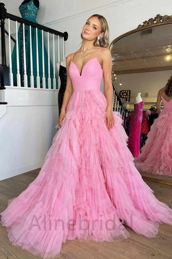 Elegant V-neck Sleeveless A-line Long Prom Dress, PD3626