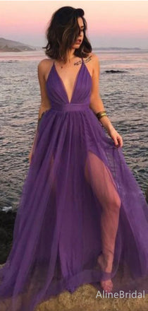 Sexy Deep V-neck Spaghetti Strap Purple A-line Long Prom Dress, PD38045