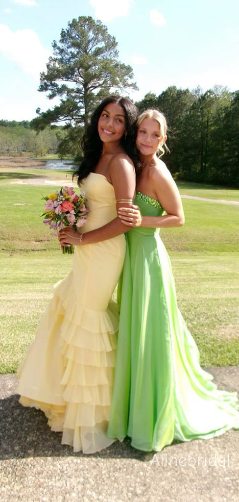Elegant Strapless Yellow Soft Satin Tiered Long Mermaid Prom Dress ，Evening Dress PD382233