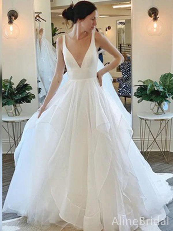 Elegant V-neck A-line Long Wedding Dresses,WD3087