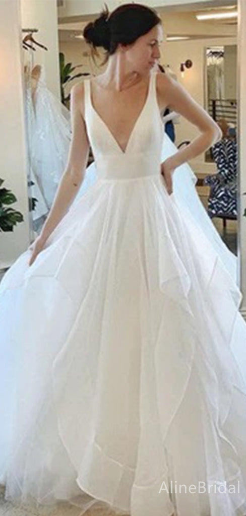 Elegant V-neck A-line Long Wedding Dresses,WD3087