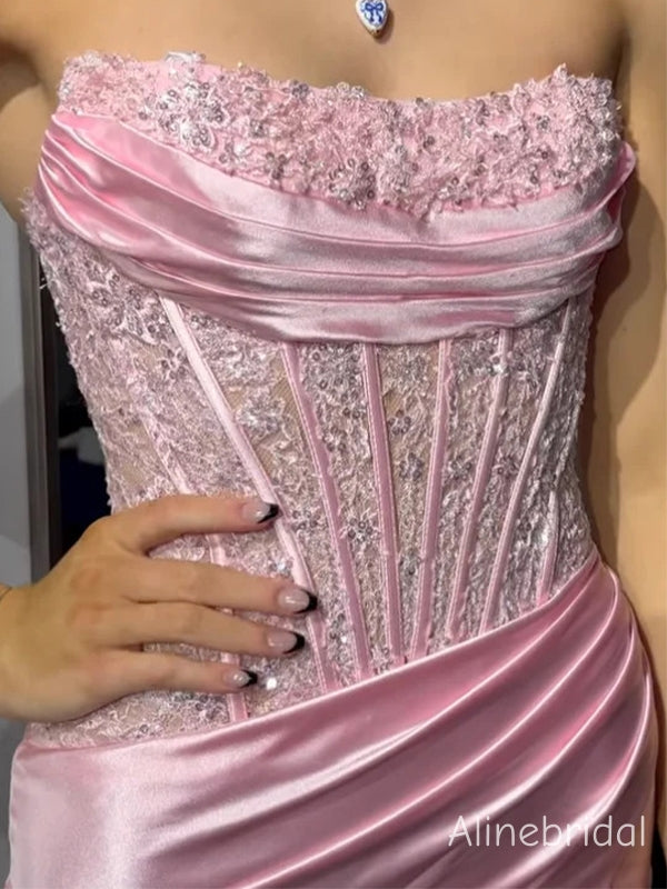 Sparkly Strapless Pink Soft Satin Mermaid Dress with Side Slit & Pleated Beading, Prom Dress, PD382241