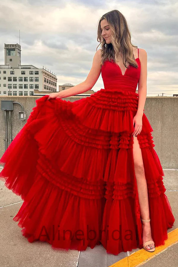 Red Elegant V-neck Sleeveless Side slit A-line Long Prom Dress, PD3631