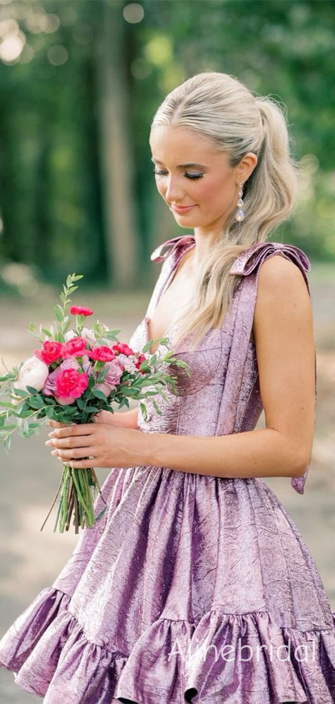 Elegant Purple Square Ruffles A-line Short Homecoming Dress with Tie Shoulder, HC382289