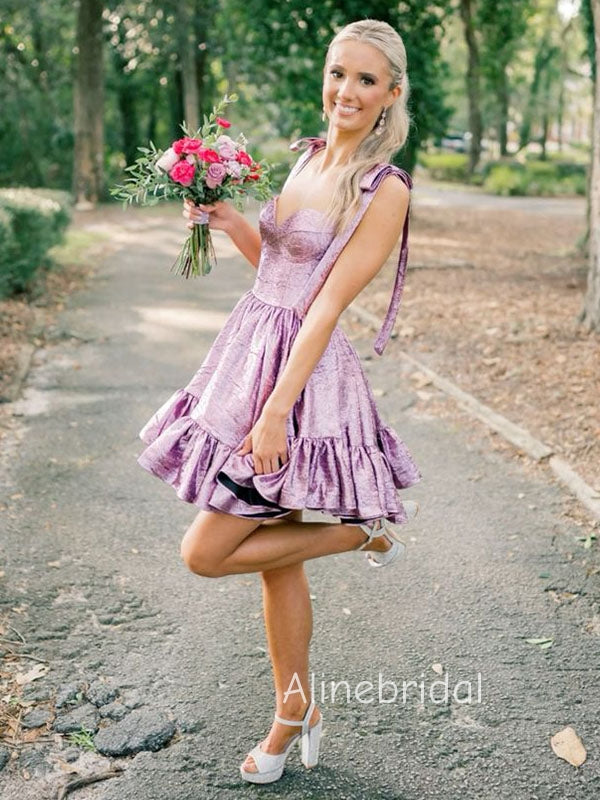 Elegant Purple Square Ruffles A-line Short Homecoming Dress with Tie Shoulder, HC382289