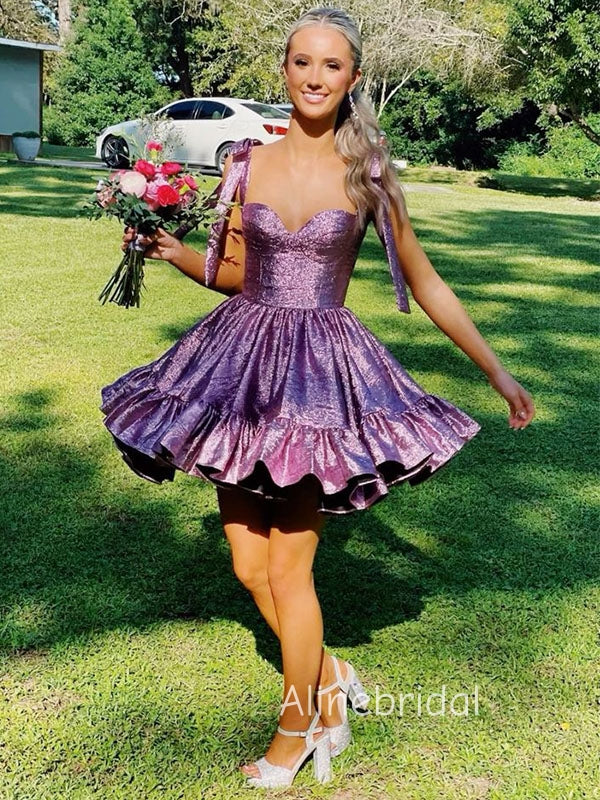 Elegant Purple Square Ruffles A-line Short Homecoming Dress with Tie Shoulder, HC382289