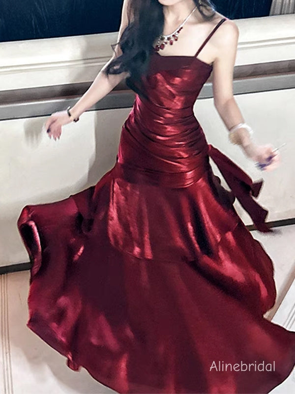 Elegant  Burgundy Spaghetti Straps Ruffles Maxi Prom Dress, Formal Dress, PD382286