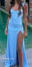 Unique Side Slit Spaghetti Straps Sweetheart Fit and Flare Blue Soft Satin  Long Prom Dress,Evening Dress,PD382260