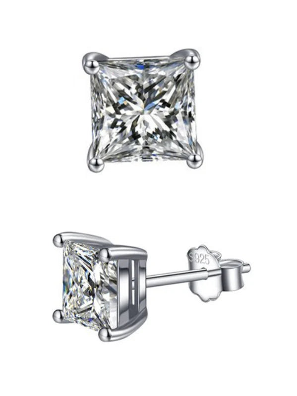 Platinum Plated Sterling Silver Cushion Cut Cubic Zirconia Stud Earrings