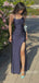 Elegant Spaghetti Straps Bateau High Slit Navy Blue Maxi Long Prom Dress，Formal Dress, PD382267