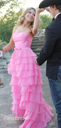 Sweet Strapless Ruffle Tiered  Pink Chiffon Long Prom Dress with Bow Detailing，Elegant Formal Dress, PD382268