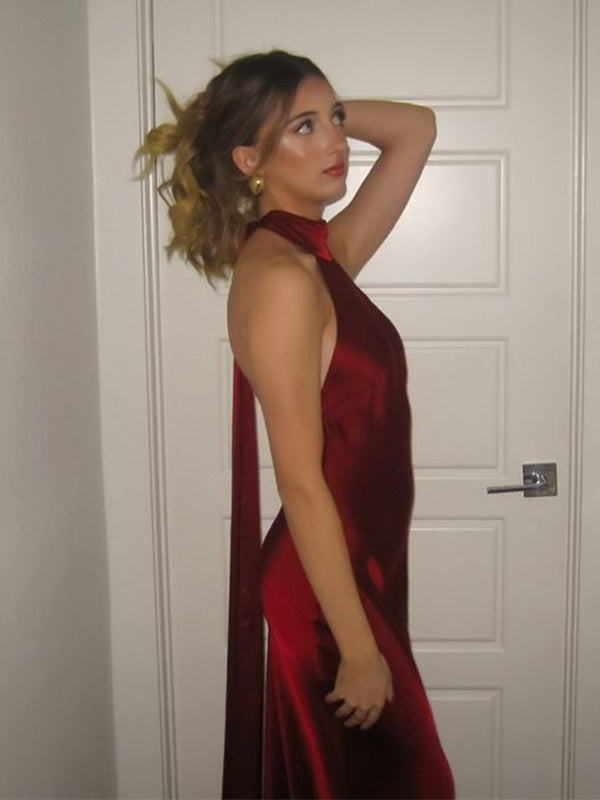Elegant Halter Backless Burgundy Soft Satin Maxi Long Prom Dress, Evening Dress, PD382278