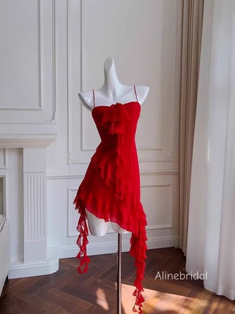 Sexy  Spaghetti Straps Rufflles Asymmetrical Streamers A-line Red Chiffon Mini Homecoming Dress, PD382259