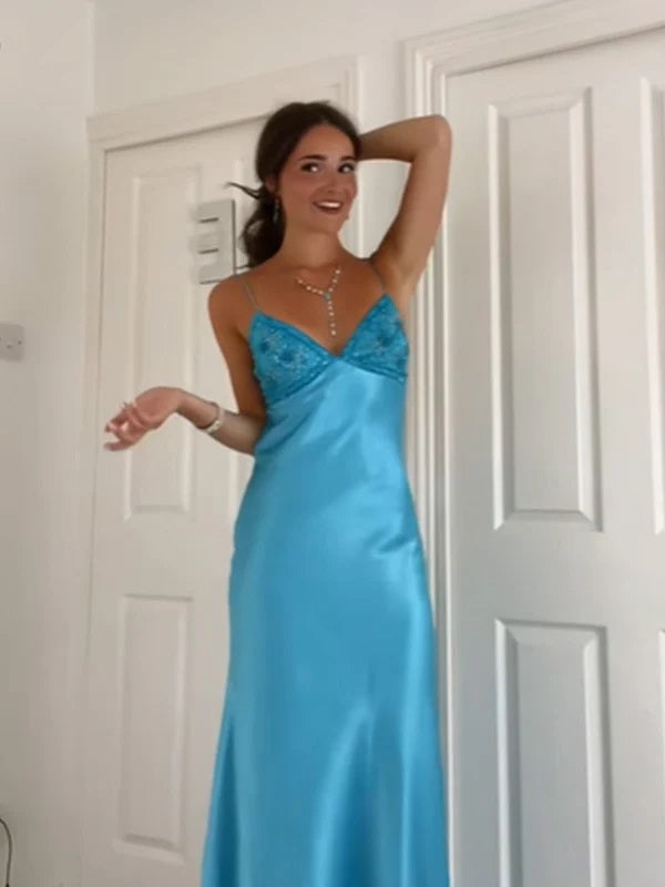 Elegant V-neck Spaghetti Memriad Long Prom Dress,PD38063