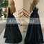 Formal Black Satin V-neck Sleeveless A-line Lace Up Back Charming  Prom Dresses,PD00079