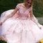 For Teens Pink Lace Appliques Off Shoulder With Beaded Sash A-line Prom Dresses,PD00082