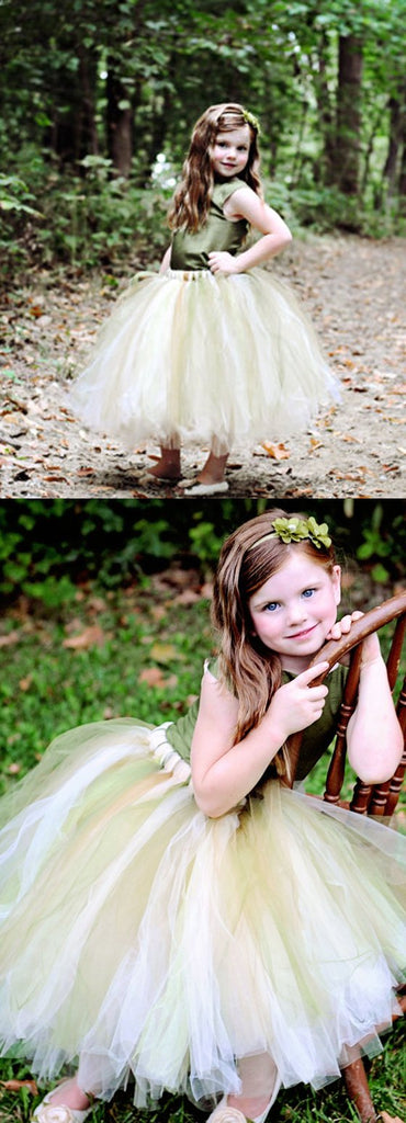 Green Satin Top Tulle Flower Girl Dresses, Cheap Popular Pixie Tutu Dresses,  FG023