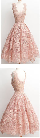 Dark Pink Lace Floral prints Vintage tea length elegant casual homecoming dresses,BD00128