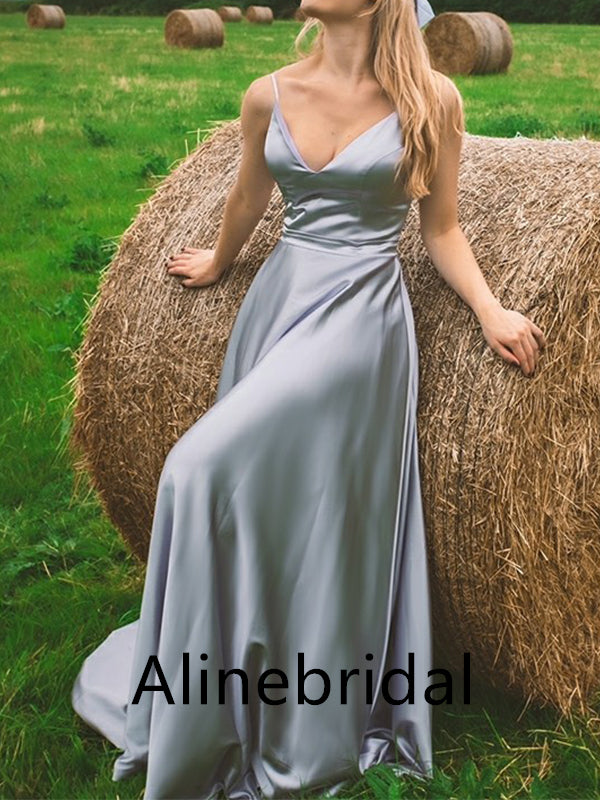 Elegant V-neck Spaghetti straps A-line Long Prom Dress, PD3536