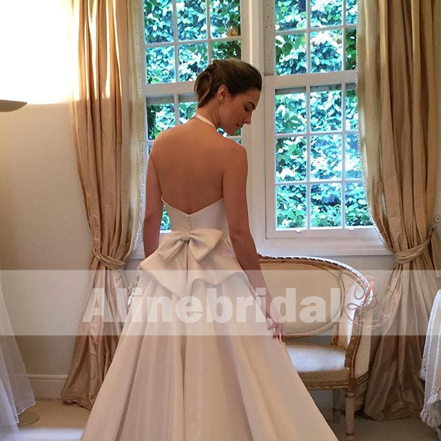 Simple Ivory Satin Elegant Halter With Stunning Bowknot Sweep Train  Wedding Dresses, AB1124