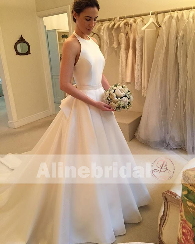 Simple Ivory Satin Elegant Halter With Stunning Bowknot Sweep Train  Wedding Dresses, AB1124