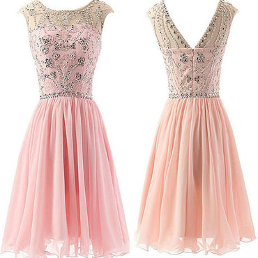 Pink Beaded Chiffon Elegant fashion cute graduation freshman casual evening party homecoming dresses, BD00194