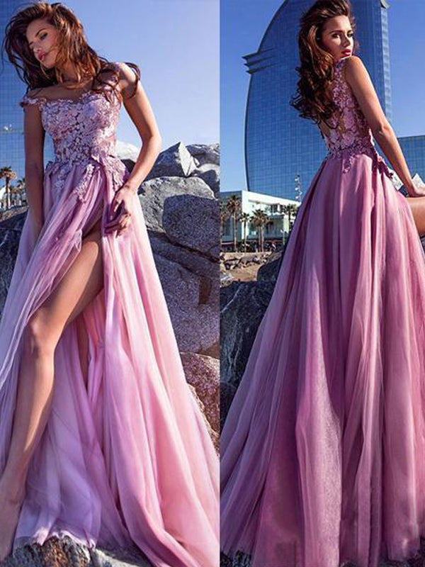 A-line Elegant Tulle Spaghetti Straps Neckline A-line Prom Dresses PD1034