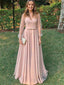 A-line Elegant V-NECK Long Sleeves Pink  Long Prom Dresses with belt PD0850