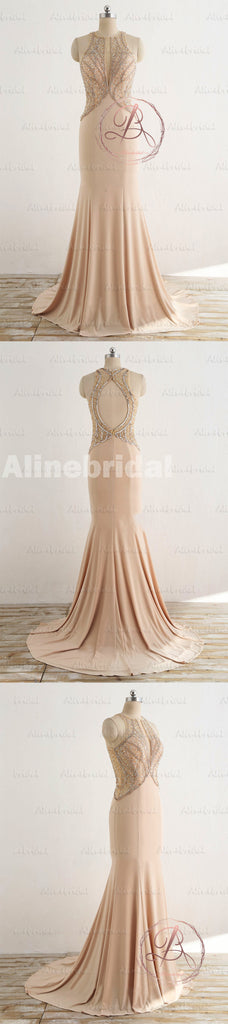 Gorgeous Sparkly Beading Sequins Open Back Mermaid Cut Neck Long Prom Gown Dresses,PD00036