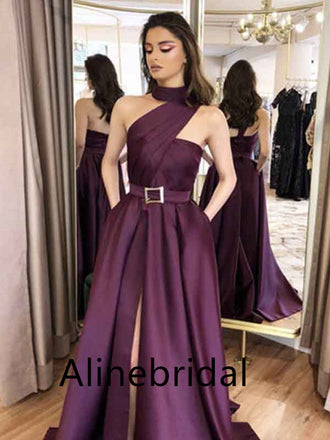 Elegant Purple Halter Sleeveless Side Slit A-line Long Prom Dress, PD3526