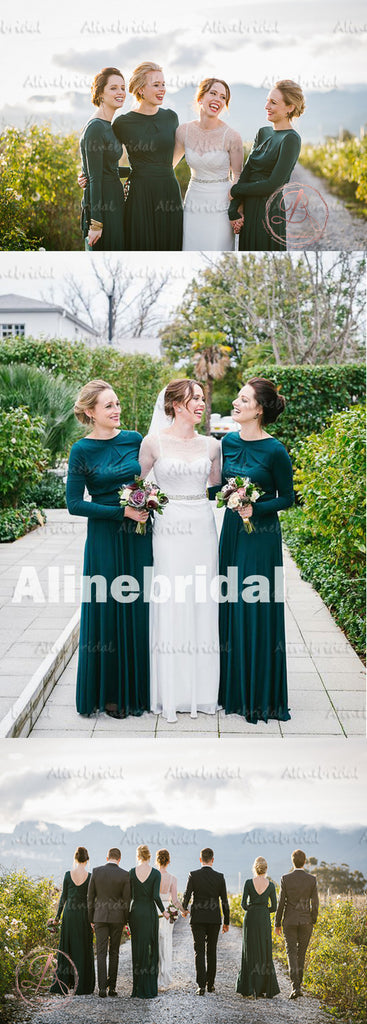 Winter Hot Sale Green Jersey Long Sleeve Round Neck Modest Long Bridesmaid Dress. AB1181