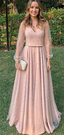 Elegant Pink V-neck Long Prom Dress with Tulle Sleeve, Mother of the Brides Dress, PD0850