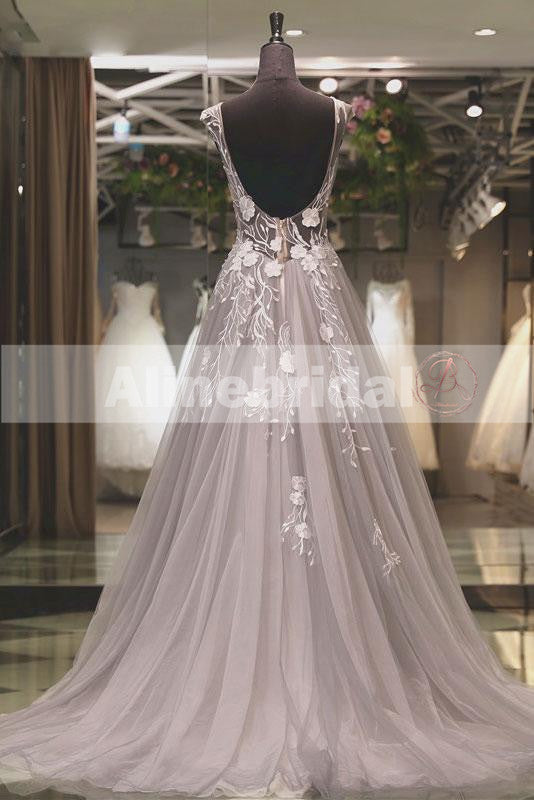 Grey Tulle Cap Sleeve Scoop Neck Appliques See-through  Prom Dresses,PD00069