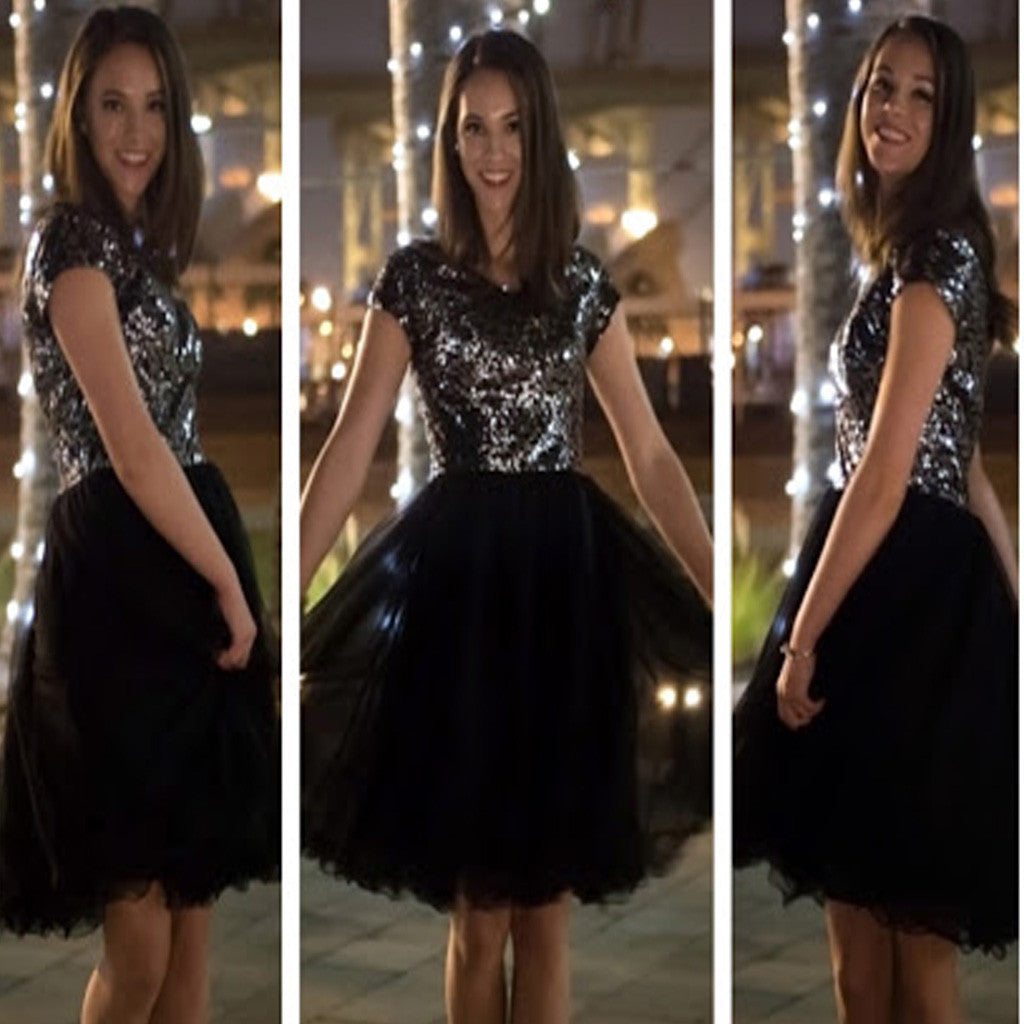 Short sleeve sequin sparkly black unique charming homecoming prom gown dress,BD0032